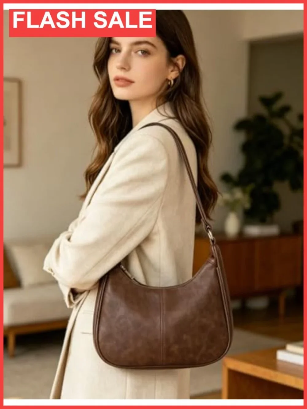 Vegan Leather Hobo Shoulder Bag Small Crescent Purse with Zip Pocket